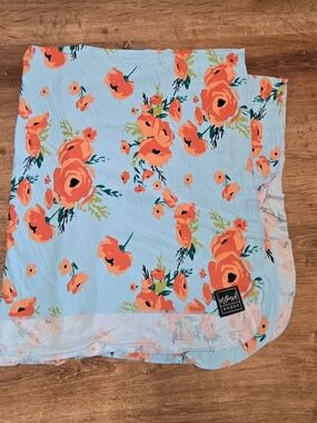 Milkmaid Goods Light Blue Floral Blanket with Coral Peach Poppy Baby Swaddle